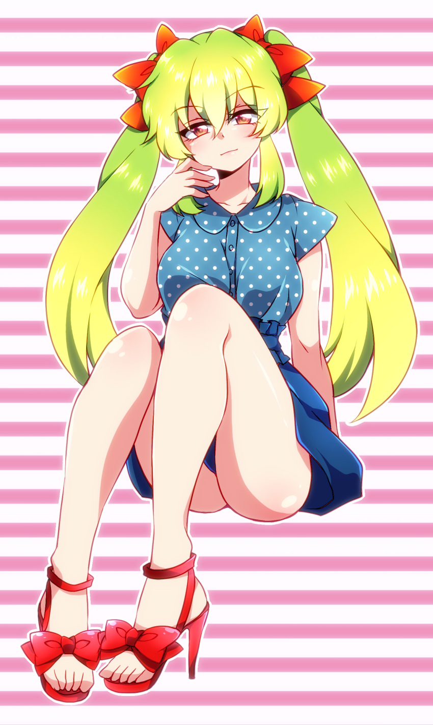 1girl, absurdres, bow, green_hair, hair_bow, highres, legs, long_hair, looking_at_viewer, miyabi_mahore, natsu_hotaru, original, pink_eyes, solo, striped, striped_background, twintails