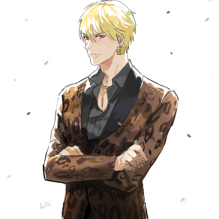 1boy, blonde_hair, crossed_arms, earrings, fate/extra, fate/extra_ccc, fate_(series), gilgamesh