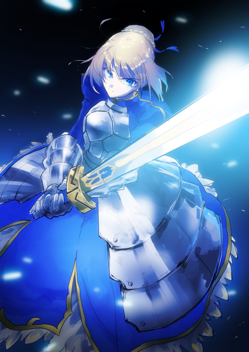 1girl, ahoge, armor, armored_dress, bikkusama, blonde_hair, blue, blue_eyes