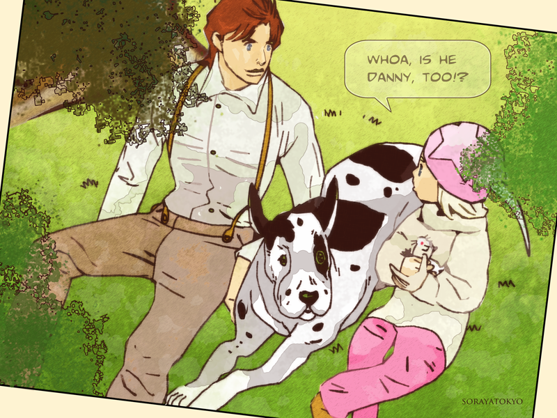 2boys, danny_(jojo), dog, hat, johnny_joestar, jojo_no_kimyou_na_bouken, jonathan_joestar, multiple_boys