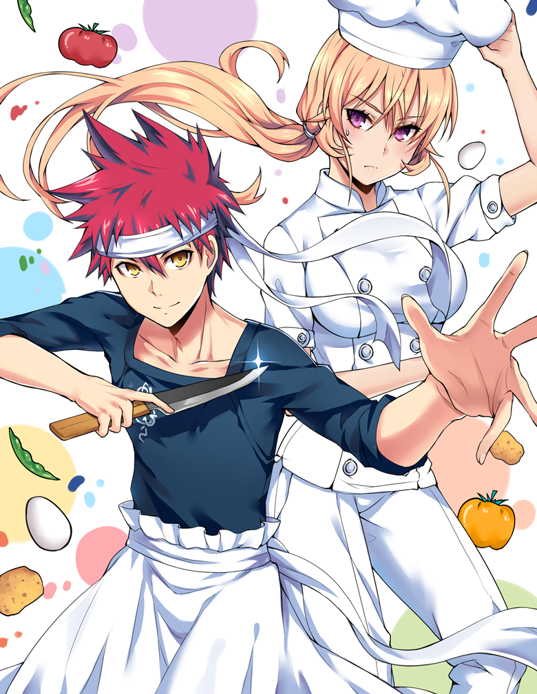 1boy, 1girl, apron, black_box, blonde_hair, chef, chef_hat, chef_uniform