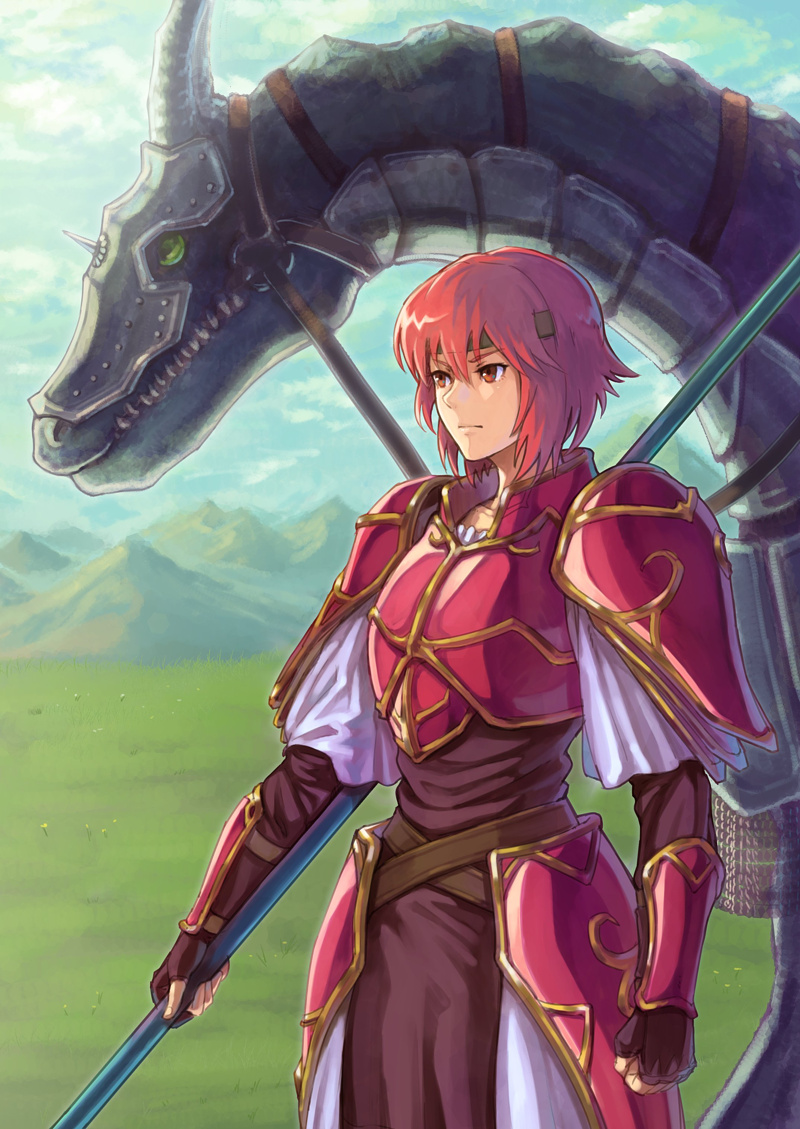 1girl, armor, belt, dragon, fingerless_gloves, fire_emblem, fire_emblem:_mystery_of_the_emblem, gloves