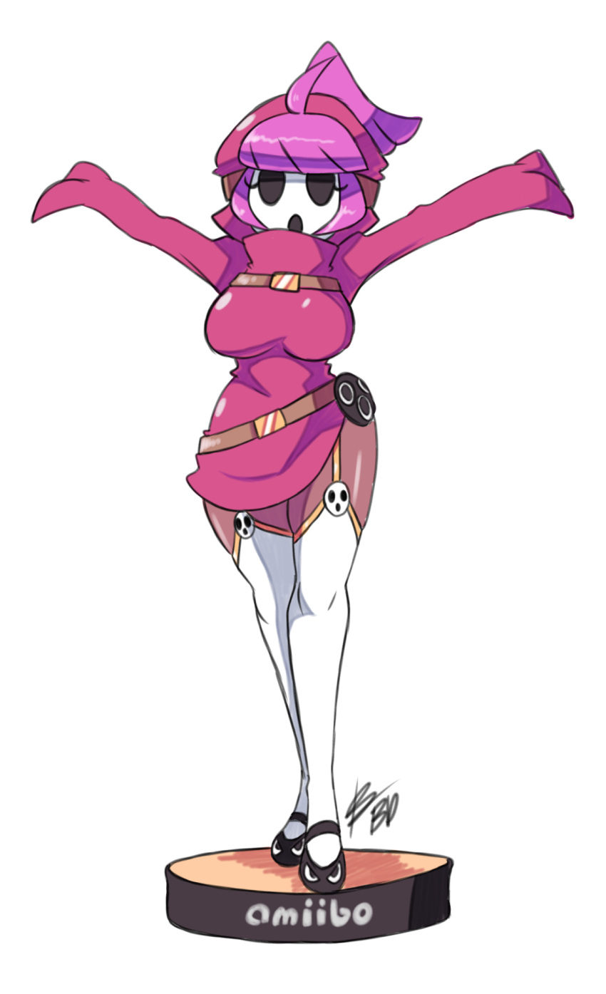 1girl, ahoge, amiibo, arms_up, bigdead93, breasts, contrapposto, dark_skin, female, full_body, garter_straps, genderswap, highres, hoodie, large_breasts, long_legs, mask, pink_hair, short_hair, shy_guy, sleeves_past_wrists, solo, super_mario_bros., thigh-highs, white_legwear