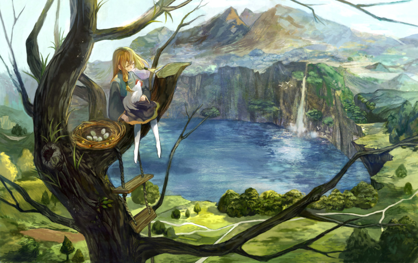 1girl, bird_nest, blonde_hair, egg, highres, in_tree, lake, landscape