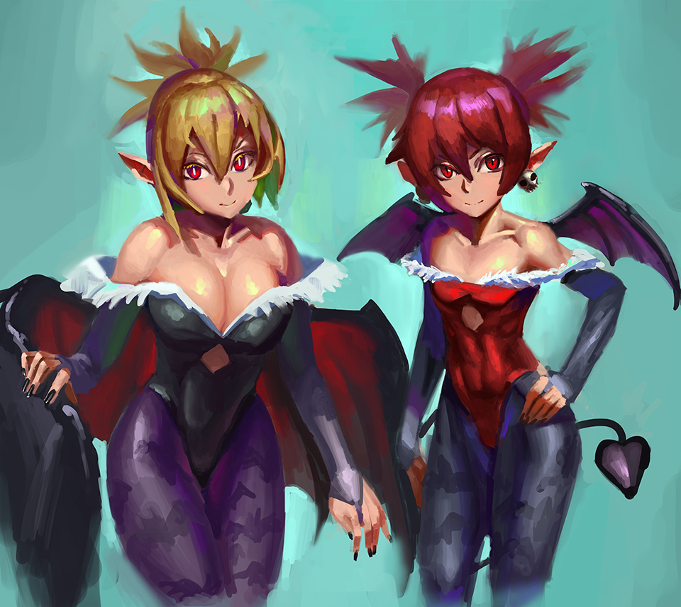 2girls, bare_shoulders, blonde_hair, breasts, bridal_gauntlets, cleavage, collarbone, cosplay, demon_girl, demon_tail, demon_wings, disgaea, doodlezbd, earrings, etna, female, jewelry, large_breasts, lilith_aensland, lilith_aensland_(cosplay), long_hair, makai_senki_disgaea_2, mini_wings, morrigan_aensland, morrigan_aensland_(cosplay), multiple_girls, no_lineart, pointy_ears, print_legwear, red_eyes, rozalin, skull_earrings, tail, vampire_(game), wings