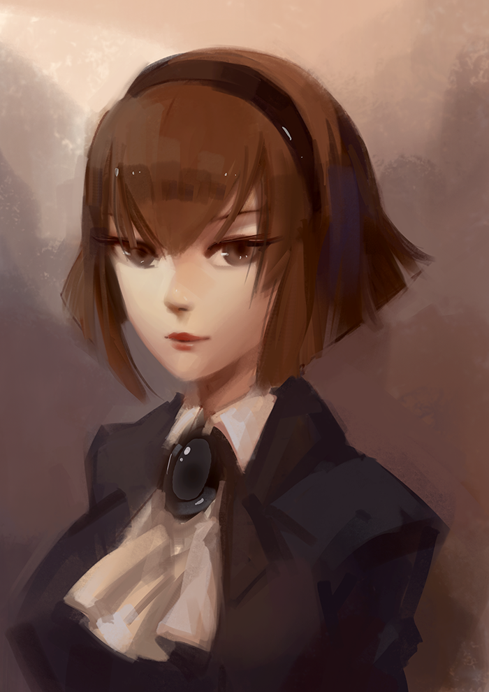 1girl, 3four, android, brown_eyes, brown_hair, cravat, flipped_hair, hairband