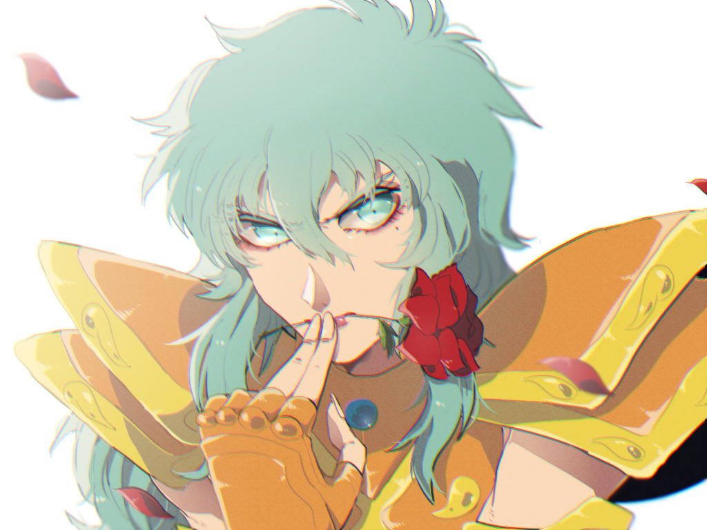 1boy, androgynous, armor, asyura-1010, flower, full_armor, male_focus, mole, petals, pisces_aphrodite, rose, rose_petals, saint_seiya, solo