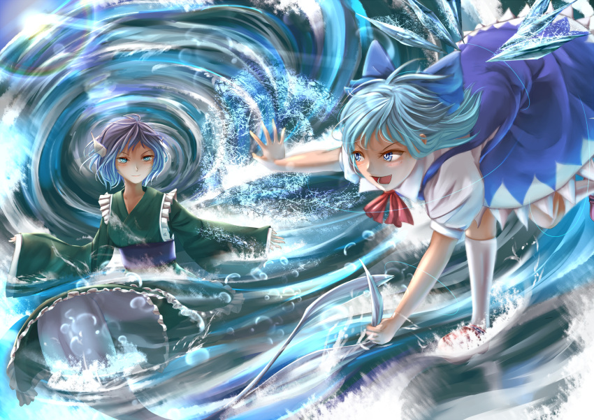 2girls, battle, blue_dress, blue_eyes, blue_hair, cirno, dress, fang