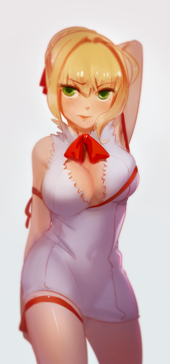 1girl, 3four, ahoge, arm_behind_head, blurry, blush, bow, braid