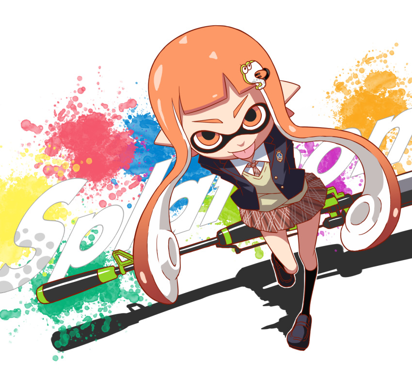 1girl, :p, black_legwear, blazer, from_above, gogiga_gagagigo, gun, hair_ornament