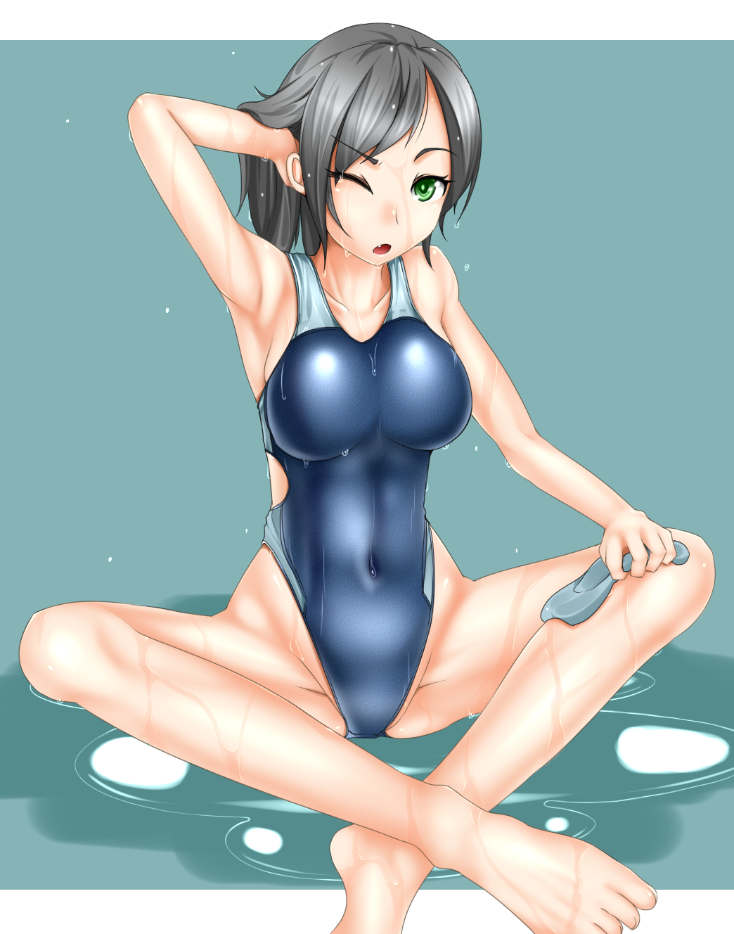 1girl, black_hair, competition_swimsuit, green_eyes, highres, indian_style, mitsuki_(toriaezu), one-piece_swimsuit, one_eye_closed, original, short_hair, sitting, swim_cap, swimcap_removed, swimsuit, wet