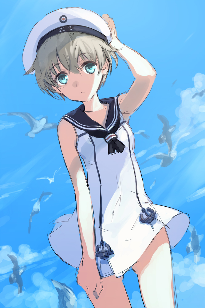 1girl, :<, alternate_costume, anchor, aqua_eyes, bird, blonde_hair, dakuro