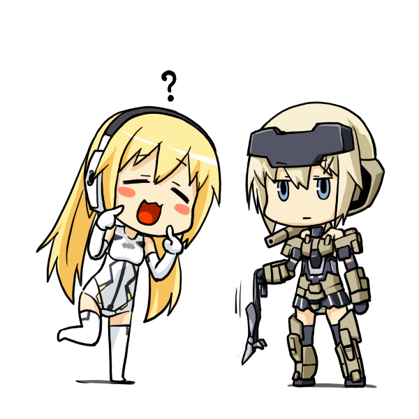 2girls, arnval, azuma_doguu, black_gloves, blonde_hair, blue_eyes, bodysuit, busou_shinki
