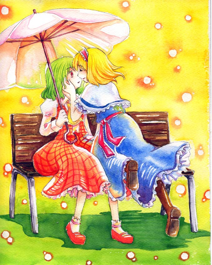 alice_margatroid, ascot, bench, blonde_hair, boots, green_hair, hairband, incipient_kiss, kazami_yuuka, mary_janes, millipen, millipen_(medium), multiple_girls, parasol, plaid, plaid_skirt, plaid_vest, red_eyes, shiroaisa, shoes, short_hair, sitting, skirt, skirt_set, touhou, traditional_media, umbrella, watercolor, watercolor_(medium), yuri