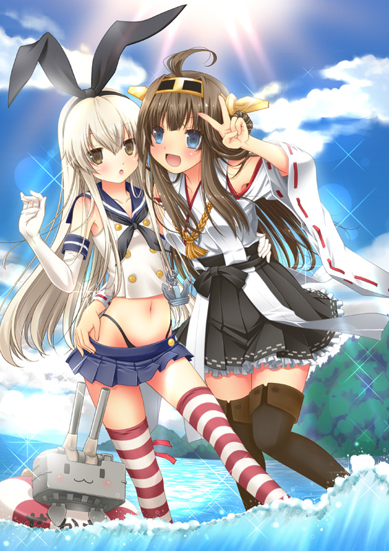 2girls, :d, ahoge, anchor_hair_ornament, bare_shoulders, black_bow, black_skirt, blonde_hair, blue_eyes, blue_skirt, blue_sky, blush, bow, brown_eyes, brown_hair, crop_top, detached_sleeves, double_bun, elbow_gloves, frilled_skirt, frills, gloves, hair_ornament, hairband, hand_on_another's_hip, headgear, highleg, highleg_panties, kantai_collection, kongou_(kantai_collection), long_hair, midriff, multiple_girls, nabepro, neckerchief, no_panties, nontraditional_miko, ocean, open_mouth, panties, pleated_skirt, rensouhou-chan, ribbon-trimmed_sleeves, ribbon_trim, sailor_collar, shimakaze_(kantai_collection), skirt, sky, smile, striped, striped_legwear, sunlight, thigh-highs, underwear, v
