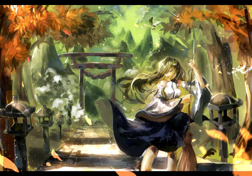 2girls, bare_shoulders, breasts, broom, detached_sleeves, frog_hair_ornament, green_eyes, green_hair