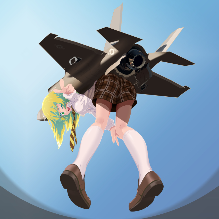 f-35, finger_gun, from_below, green_eyes, green_hair, highres, kneehighs, mecha_musume