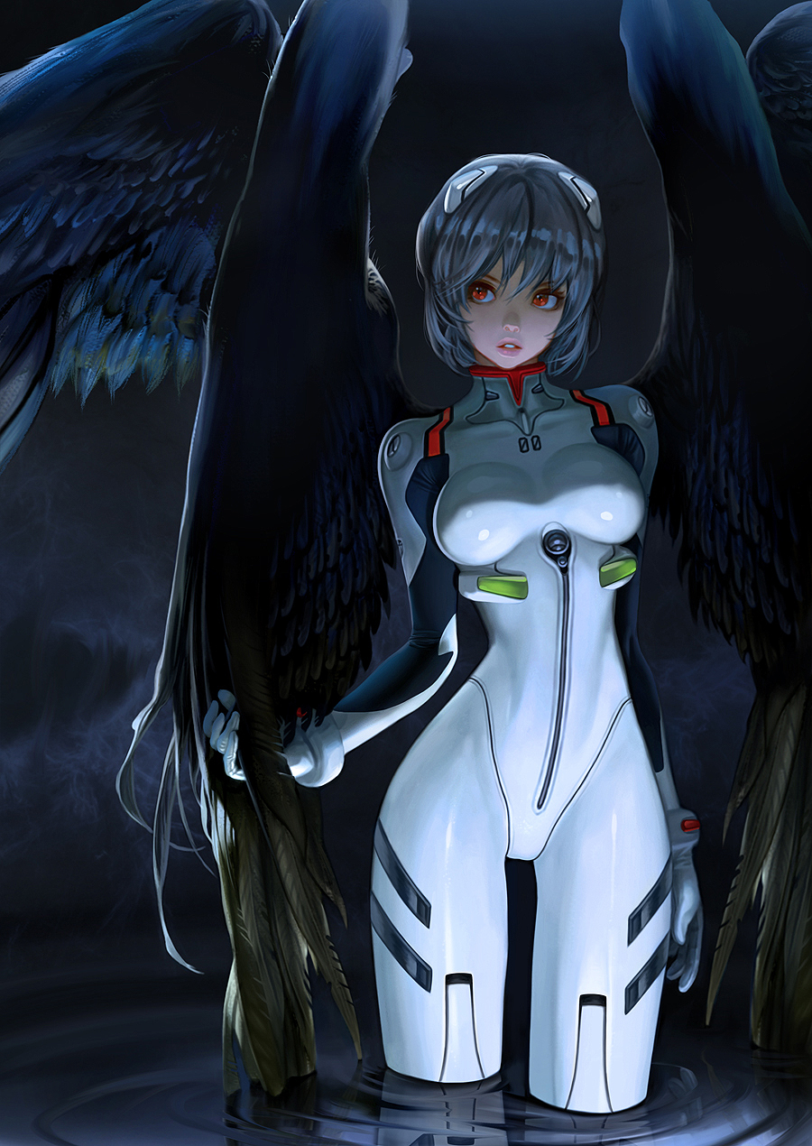 1girl, ayanami_rei, black_wings, blue_hair, breasts, etama_quomo, fallen_angel, hair_ornament