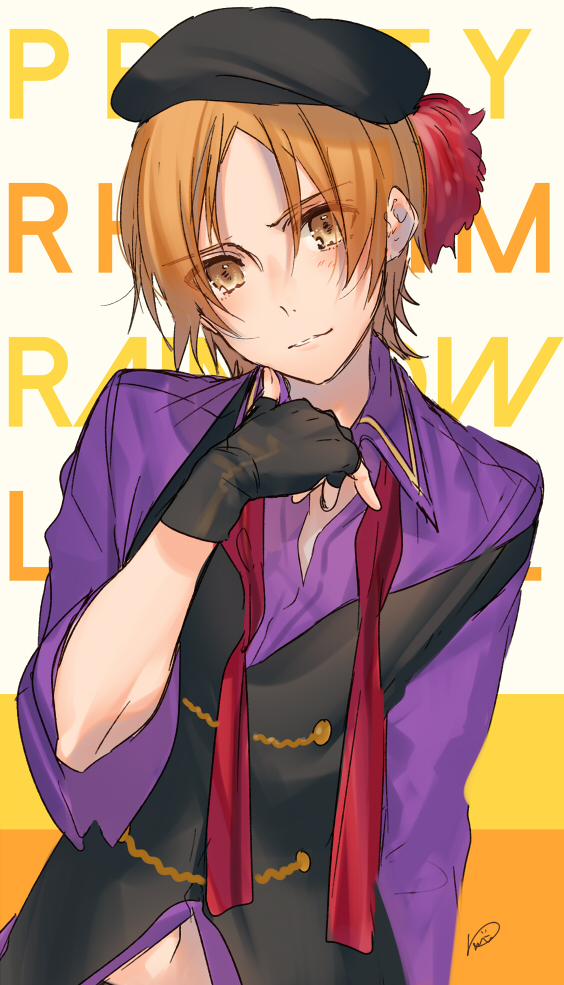 1boy, beret, black_gloves, brown_eyes, brown_hair, copyright_name, eyes_visible_through_hair, fingerless_gloves