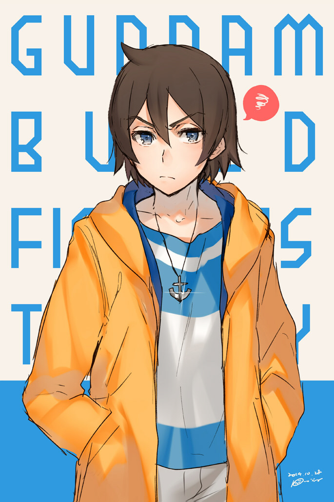 anchor, artist_name, blue_eyes, brown_hair, copyright_name, dated, gundam, gundam_build_fighters