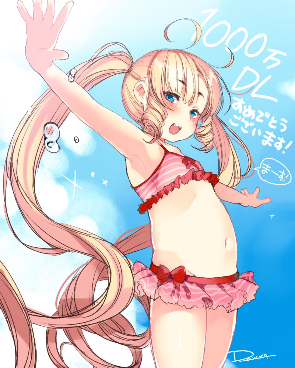 1girl, armpits, bikini, blonde_hair, blue_eyes, blush, dancho_(dancyo), fang