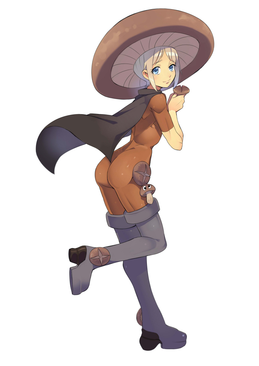 1boy, blue_eyes, boots, cape, hat, highres, looking_at_viewer, mushroom