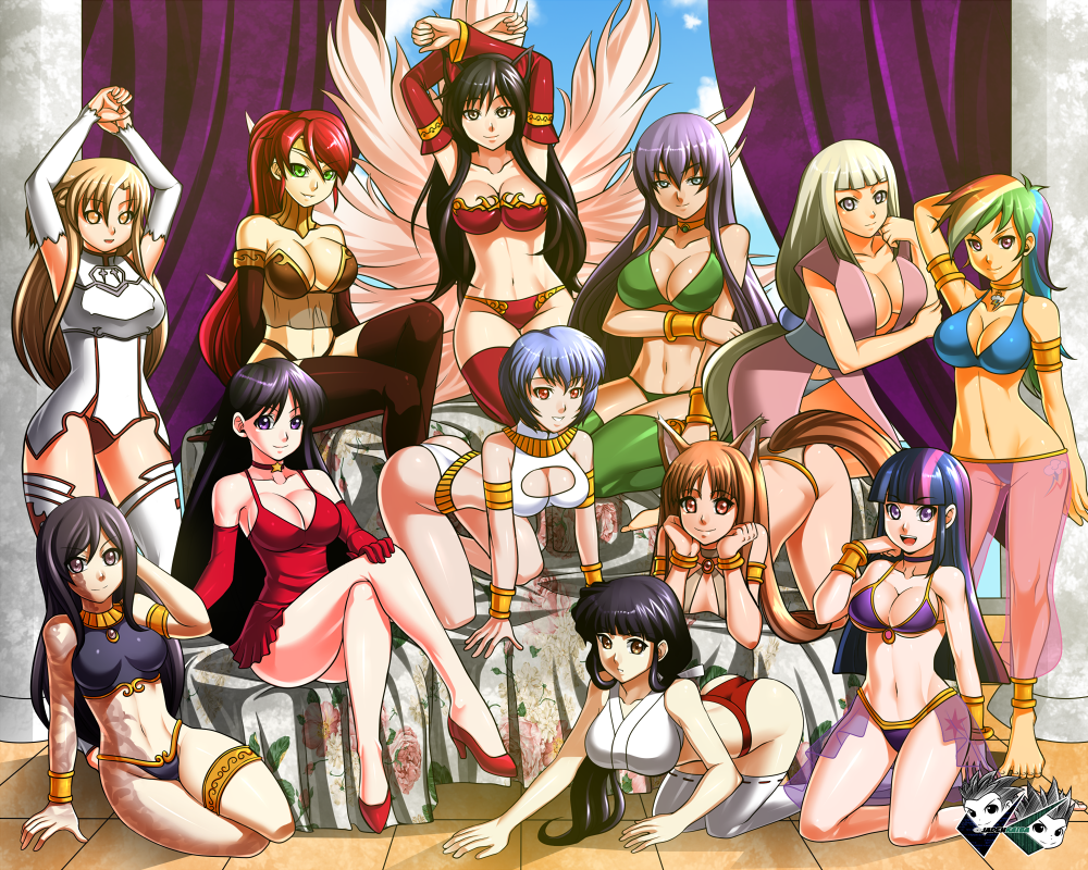 6+girls, ahri, all_fours, animal_ears, annotation_request, armlet, arms_up, ass