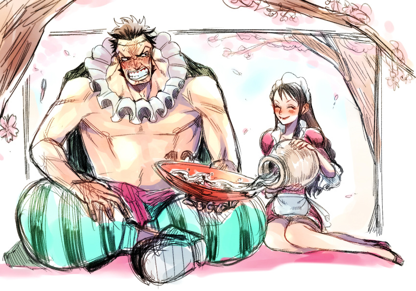 1boy, 1girl, alcohol, baby_5, black_hair, blush, highres, long_hair