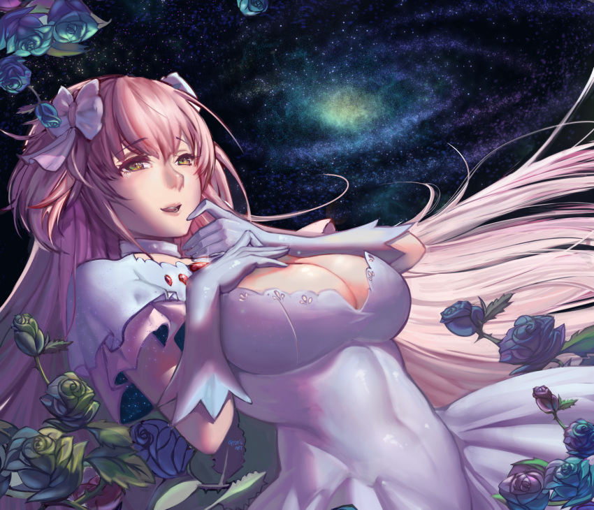 1girl, bow, breasts, cleavage, dress, flower, gloves, goddess_madoka