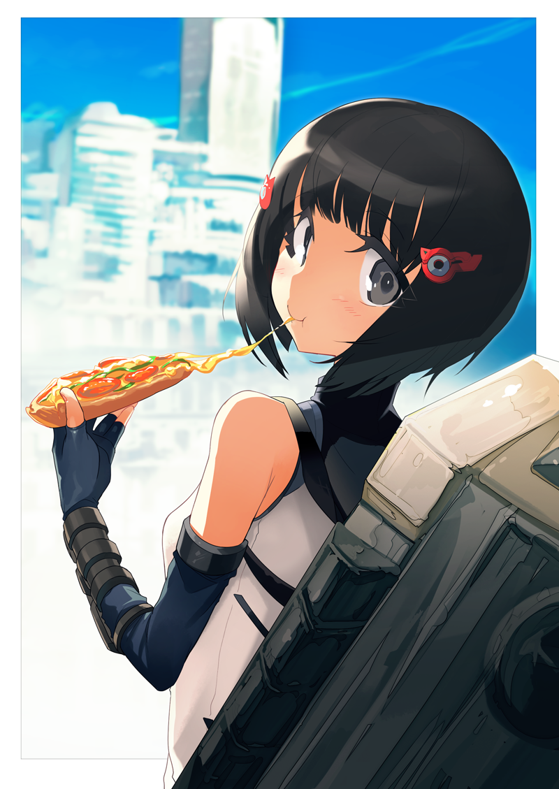 1girl, bare_shoulders, black_eyes, black_hair, cheese_trail, detached_sleeves, eating, female