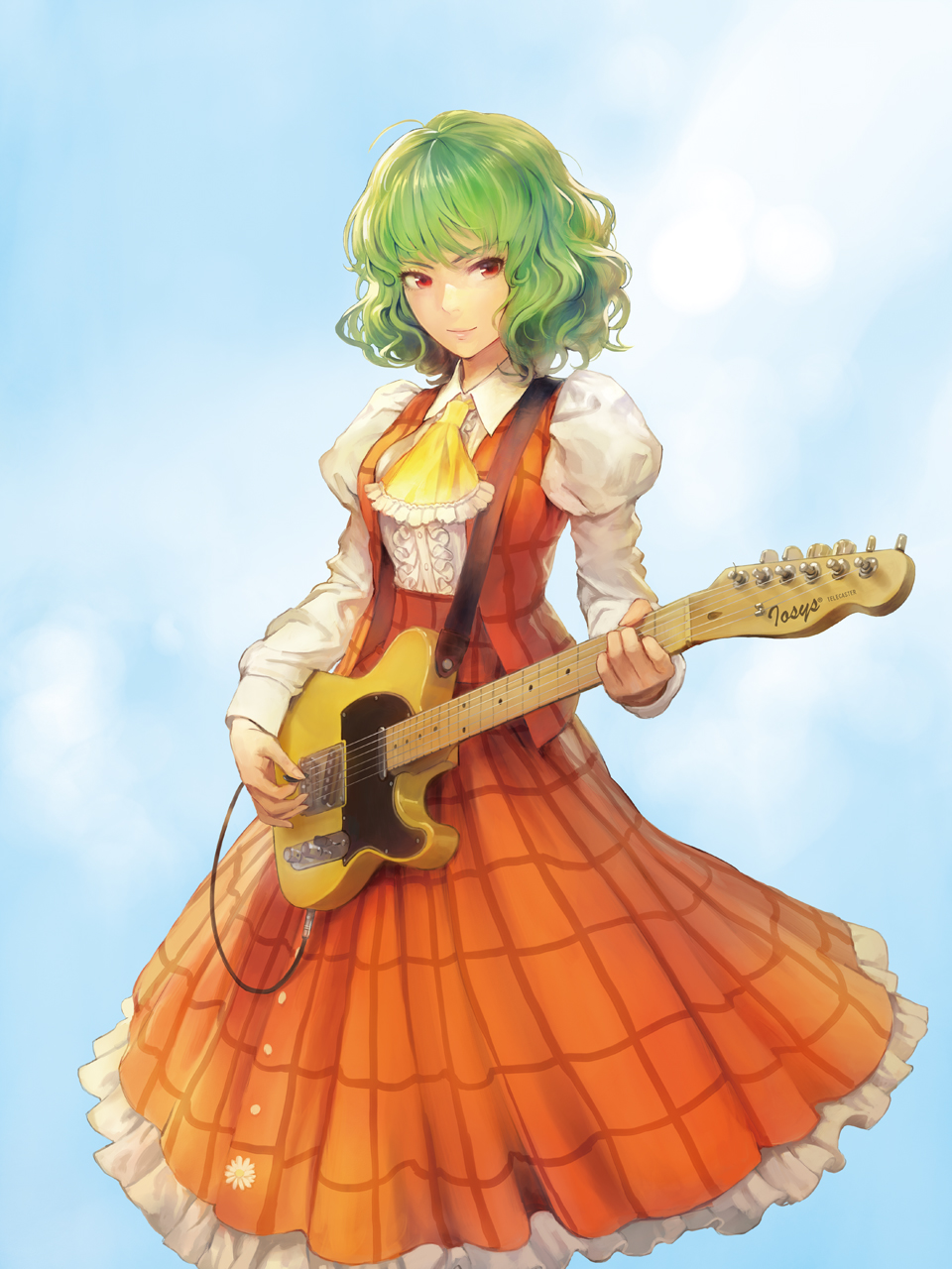 1girl, album_cover, ascot, cover, electric_guitar, green_hair, guitar, highres