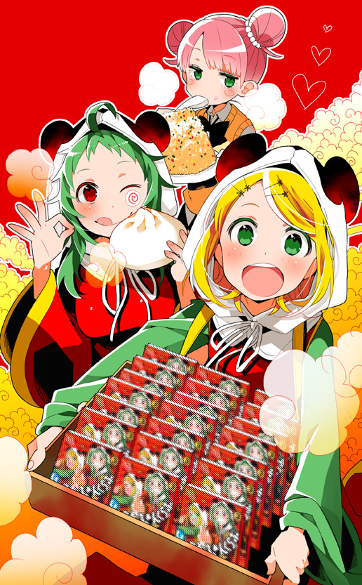 3girls, ;q, animal_hat, blonde_hair, blush, china_dress, chinese_clothes, double_bun
