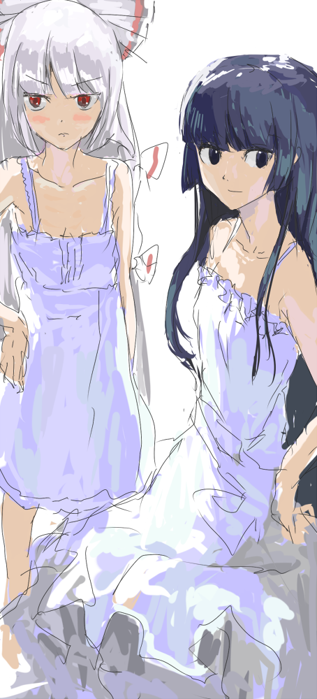 bad_id, dress, fujiwara_no_mokou, houraisan_kaguya, kai_(kai_013), kai_(pixiv84265), multiple_girls, sketch