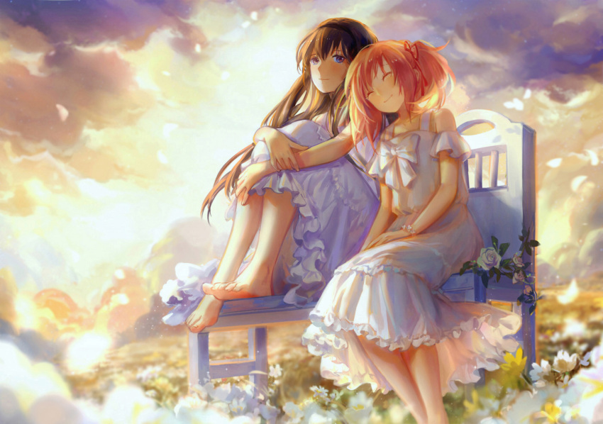 2girls, akemi_homura, barefoot, bench, black_hair, closed_eyes, dress, flower