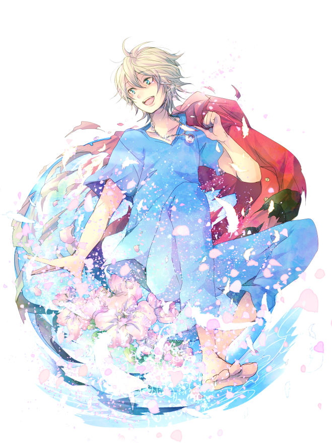 aldnoah.zero, aqua_eyes, barefoot, flower, jacket, jewelry, male_focus, open_mouth