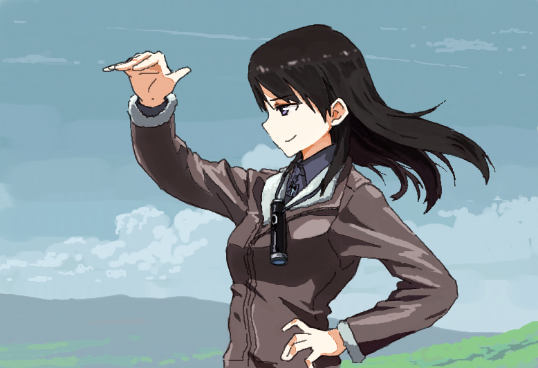 1girl, adolfine_galland, black_hair, blue_eyes, blue_sky, bomber_jacket, clouds, hand_on_hip