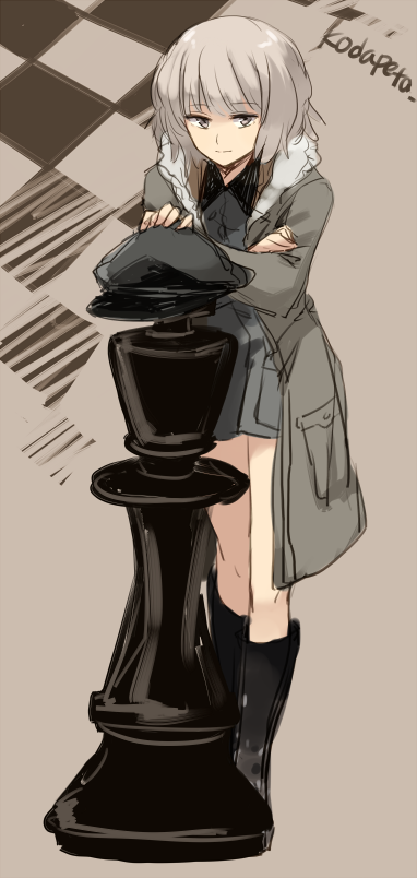 1girl, coat, crossed_arms, grey_eyes, grey_hair, hat, hat_removed, headwear_removed