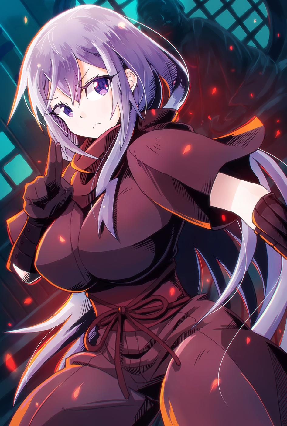1girl, 966, breasts, dragon_yukano, gloves, highres, japanese_clothes, large_breasts, long_hair, ninja_slayer, purple_hair, scarf, solo, violet_eyes