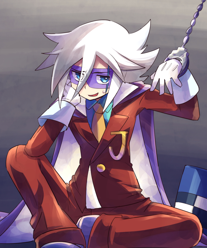 1boy, blue_eyes, cape, cuffs, formal, gloves, handcuffs, hat