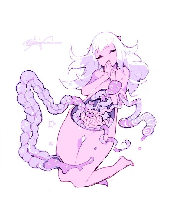 1girl, bare_shoulders, closed_eyes, fishine, flat_chest, heart, horns, intestines, kidney, long_hair, monster_girl, original, pancreas, pink_skin, solo, star, stomach, white_background, white_hair