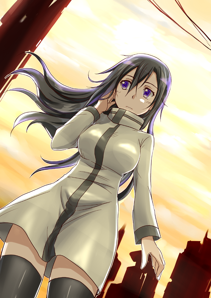 1girl, asuka_(aqua_space), black_hair, dress, female, genderswap, kirito, kirito_(sao-ggo), long_hair, solo, sword_art_online, thigh-highs, violet_eyes