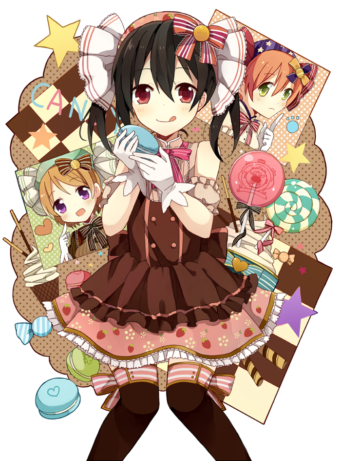 3girls, :q, a_(riduass023), armband, bandana, black_hair, black_legwear, bow