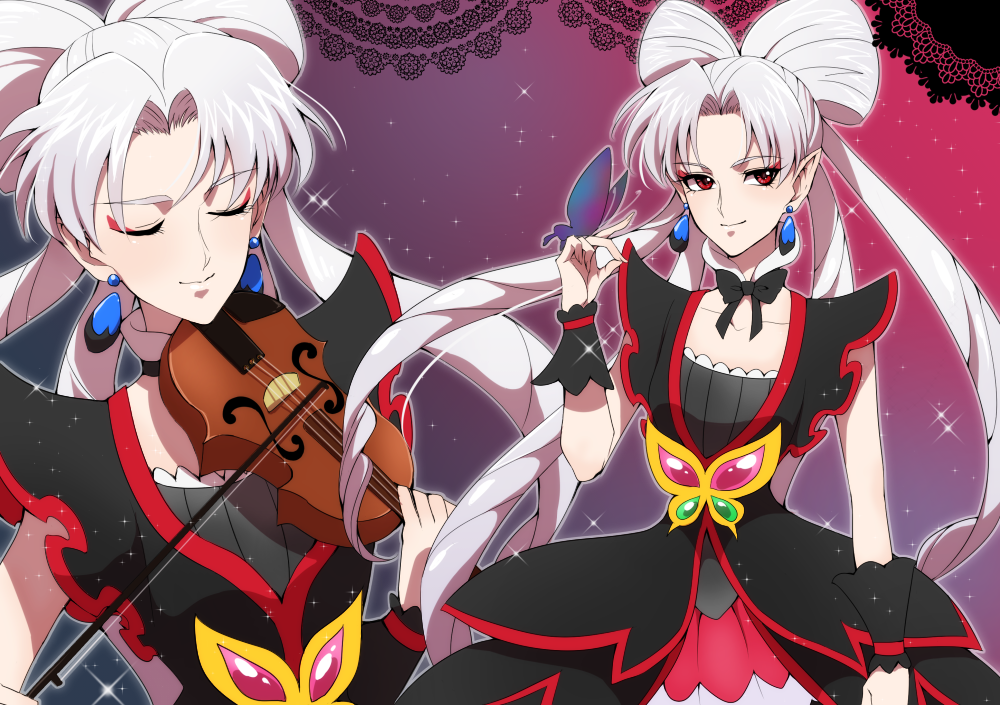 2girls, albino, black_bow, bow, bowtie, detached_collar, dress, dual_persona, earrings, go!_princess_precure, gradient, gradient_background, instrument, jewelry, long_hair, miyoshi_(miyomiyo_344), multiple_girls, pink_background, playing_instrument, pointy_ears, precure, purple_background, quad_tails, red_eyes, smile, twilight_(go!_princess_precure), violin, white_hair, wrist_cuffs