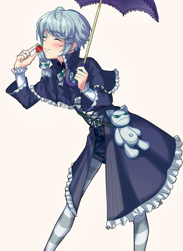 1boy, ahoge, blush, bow, brooch, closed_eyes, food, frills