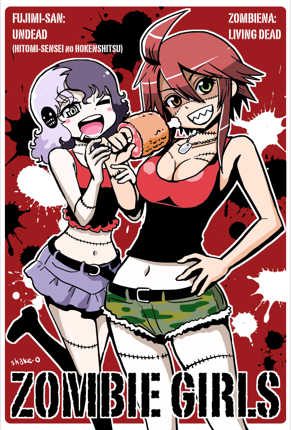 2girls, ahoge, artist_name, blush_stickers, boned_meat, breasts, character_name, cleavage, crossover, dog_tags, drooling, food, fujimi_yomi, green_eyes, grey_eyes, grin, hand_on_hip, heterochromia, hitomi_sensei_no_hokenshitsu, meat, midriff, monster_musume_no_iru_nichijou, multicolored_hair, multiple_girls, navel, one_eye_closed, orange_eyes, pale_skin, purple_hair, redhead, revision, ringed_eyes, shake-o, sharp_teeth, smile, stitches, trait_connection, white_hair, zombie, zombina