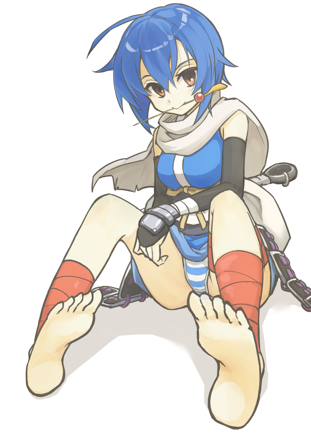 1girl, ankle_wraps, armor, barefoot, blue_hair, feet, gloves, highres