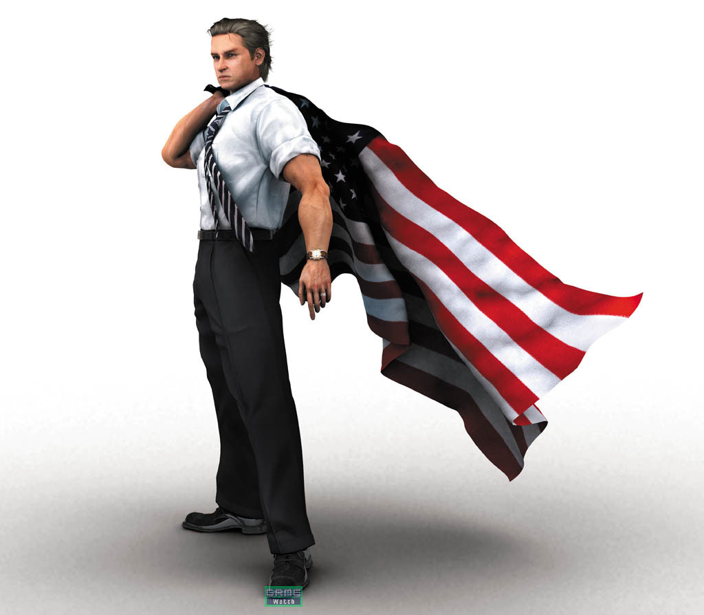 american_flag, metal_wolf_chaos, necktie, official_art, president_michael_wilson, shoes, short_sleeves, simple_background