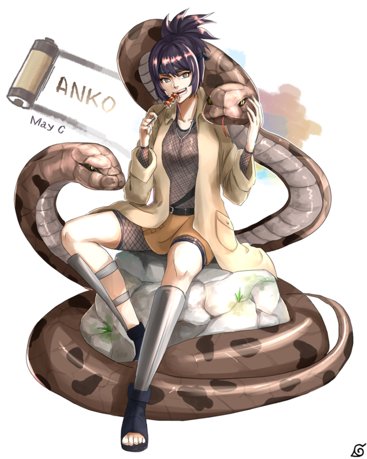 1girl, black_hair, breasts, brown_eyes, character_name, eating, fishnets, giant_snake