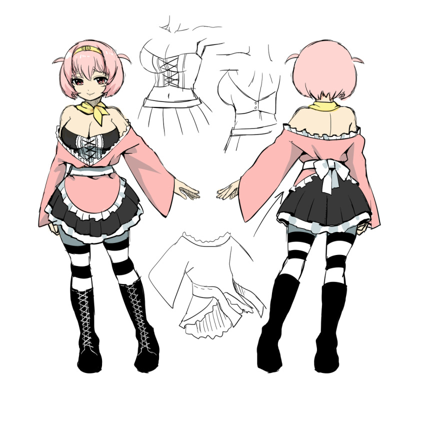 1girl, ascot, bare_shoulders, bob_cut, boots, breasts, character_sheet, cleavage