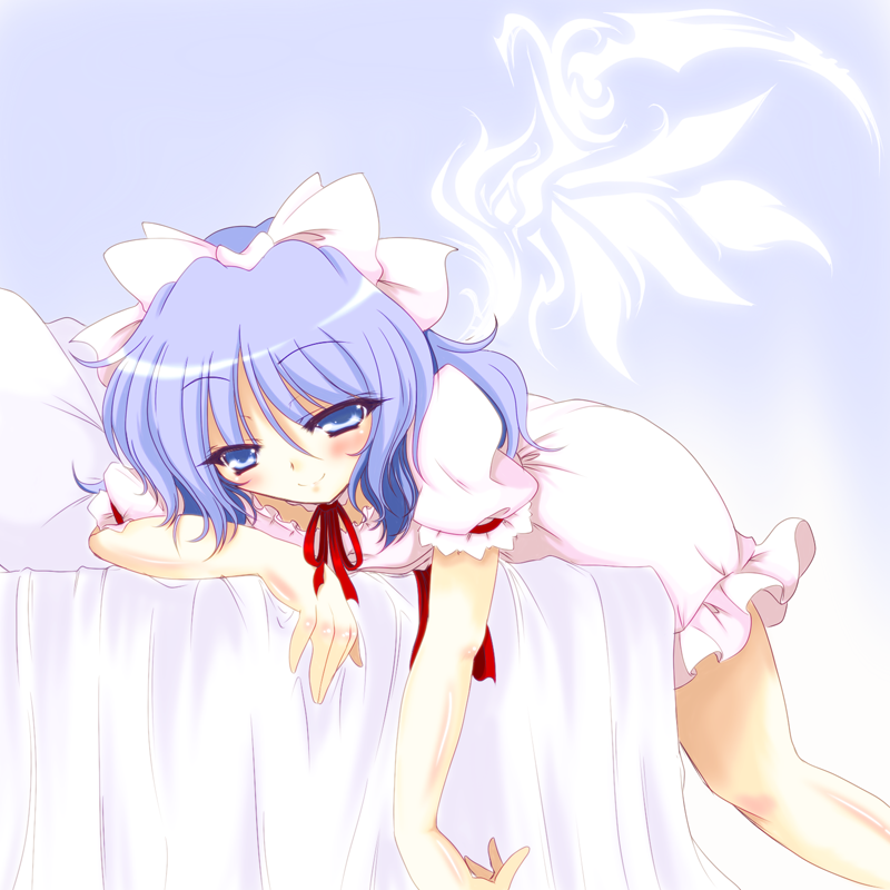 1girl, alternate_wings, blue_eyes, blue_hair, dress, hair_ribbon, half-closed_eyes, lying, mai_(touhou), naughty_face, on_bed, on_stomach, ponytail, puffy_short_sleeves, puffy_sleeves, ribbon, short_hair, short_sleeves, smile, solo, touhou, touhou_(pc-98), tsunogiri, wings